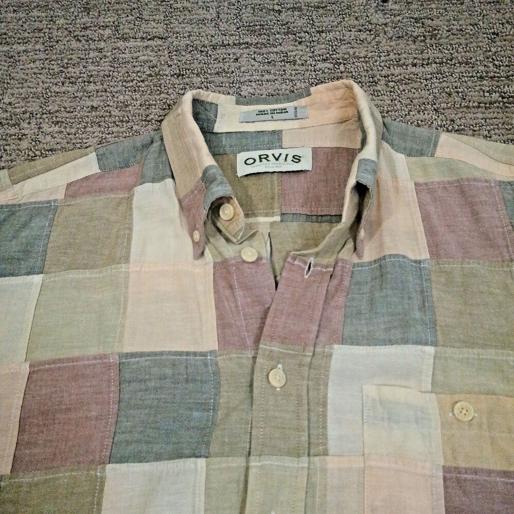 Vintage Orvis Patchwork Shirt Large Button Down Short Sleeve Cotton